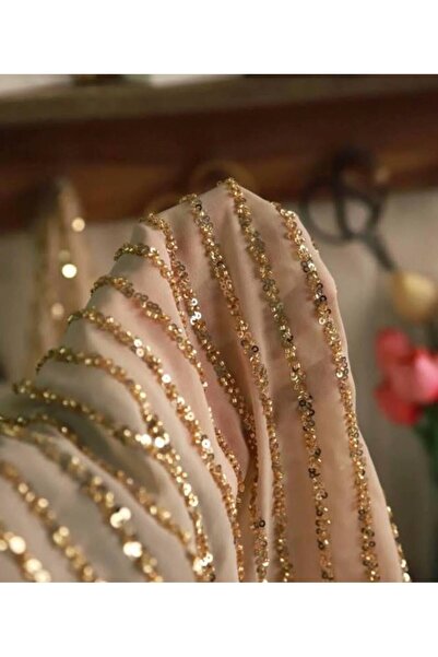 Parça Kumaş Dünyası Şifon Üzeri Taş İşlemeli Gold Renkte Abiye Kumaş