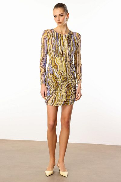 Moda İlgi Modailgi Raglan Sleeve Round Neck Gathered Short Tulle Dress Acid