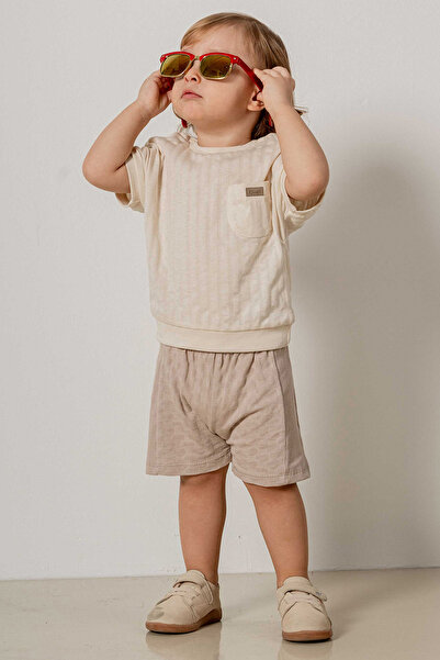 bombe Baby Kids Beige Cotton Short Sleeve Shorts 2-Piece Set Trend Fashion Bottom Top Set