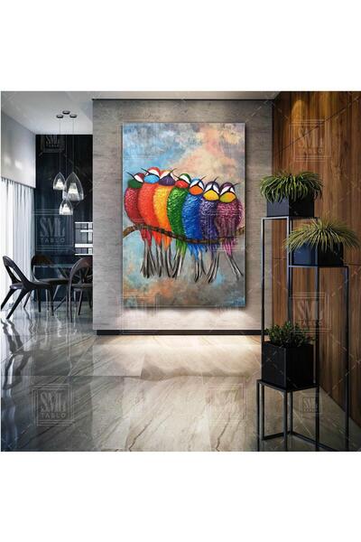 SML TABLO Dala Konmuş Renkli Kuşlar Doğa Manzara Art Soyut Dikey Kanvas Tablo