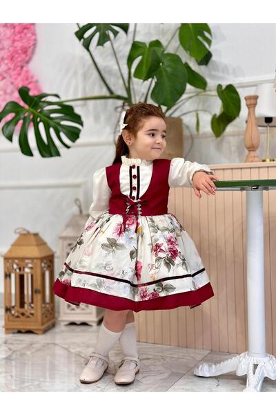 Hly Karol Tasarım Krem Bordo Vintage Kız Bebek Elbisesi,Doğum günü,fotoğraf çekim elbise,0-10 Yaş Uygun