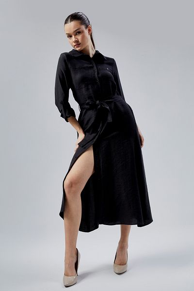 Bolivente Black Regular Fit Belted Shirt Dress