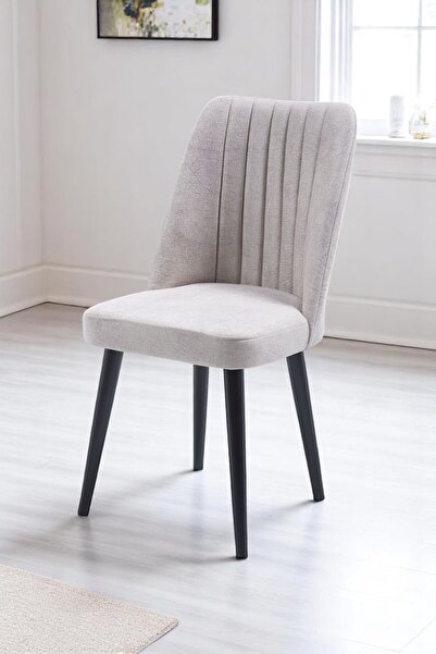 MYMASSA Polo Sandalye - Jerika Krem Kumaş - Ahşap Siyah Ayak - Mutfak Sandaly...