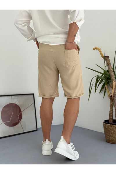 Combineman35 Beige Men's Grass Detailed Linen Summer Shorts