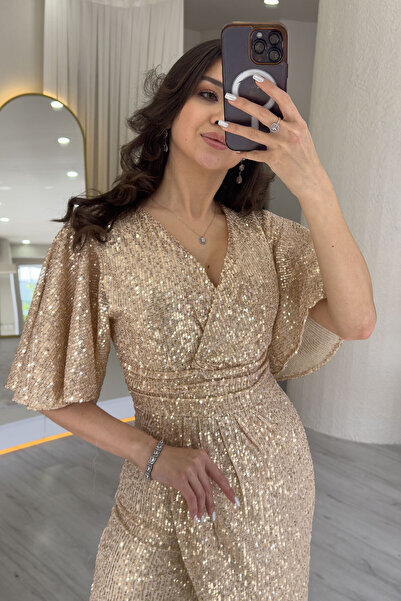 zks grup tekstil Γυναικείο βραδινό φόρεμα με χρυσό διπλό πέτο λαιμόκοψη με παγιέτες με μισό μανίκι μίντι μήκους σε μεγάλο μέγεθος