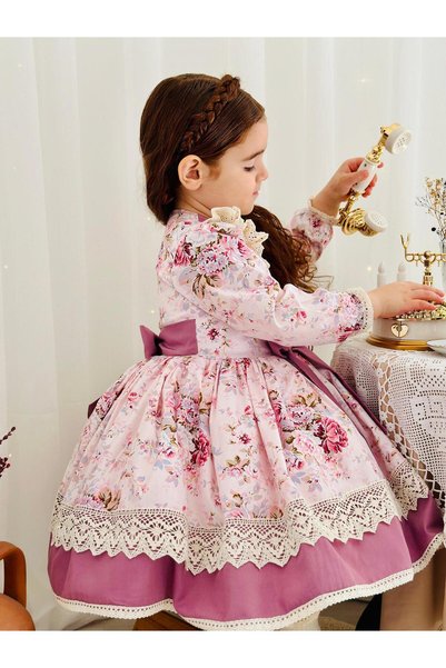 Hly Karol Tasarım Pink Royal Vintage Baby Girl Dress, Birthday Dress, Photo Shoot Dress, Suitable for 0-12 Age