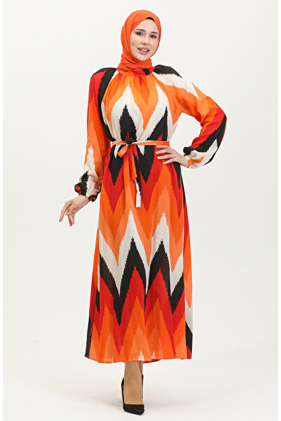 sefamerve Πορτοκαλί μαύρο φόρεμα βισκόζης - 0438-07