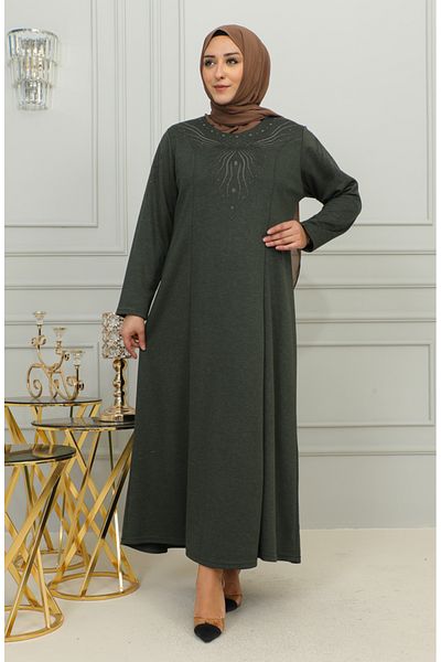 sefamerve Φόρεμα Χακί Viscose - Plus Size, Κέντημα, 4956-03