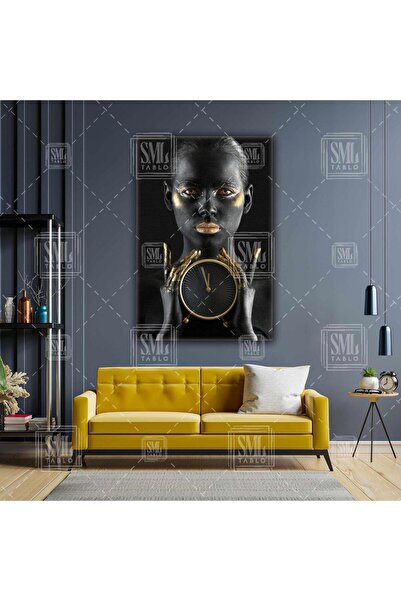 SML TABLO Altın Saatli Siyahi Afrikalı Kadın Model Gold Women Dikey Kanvas Tablo