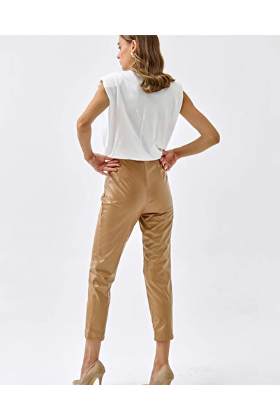 Gökkuşağı Lüx Kalite Cebi Dikişli Yüksek Bel Pensli Deri Pantolon