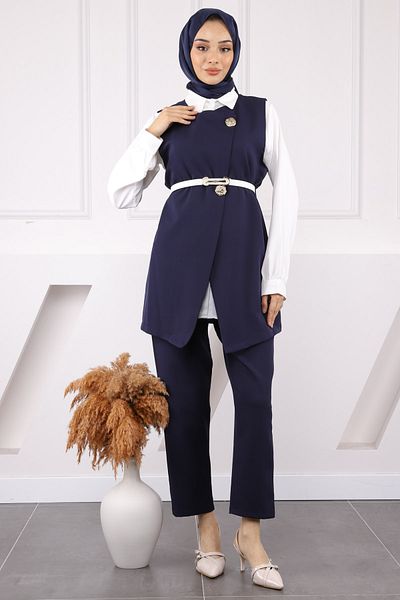 İmajButik Σετ Παντελόνι Γιλέκο Μπλε Navy Πουκάμισο Τριπλό Συνδυασμό