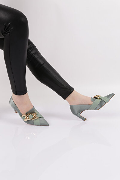 DGN Kadın Sivri Burun Üstten Çapraz Atmalı Zincirli Topuklu Ayakkabı Mint Yeş...