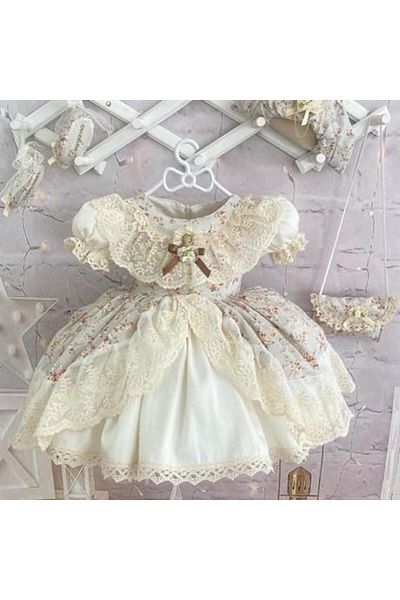 Hly Karol Tasarım Cream Floral Suit Vintage Baby Girl Dress, Birthday Dress