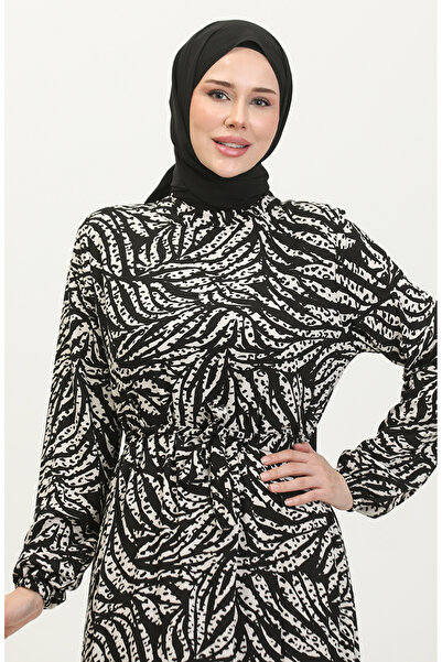 sefamerve Yaprak Desenli Viskon Elbise 0414-03 Siyah