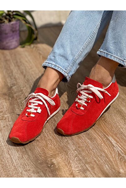 SİBA SHOES Lithe Hakiki Süet Deri Ince Taban Kırmızı Spor Ayakkabı