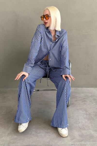Madmext Navy Blue Striped Shirt Pants Women's Suit Mg2457