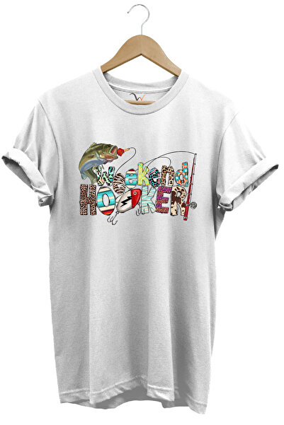 WİDİ Tricou cu model de pește și unelte de pescuit, 100% bumbac, cu croitorie...