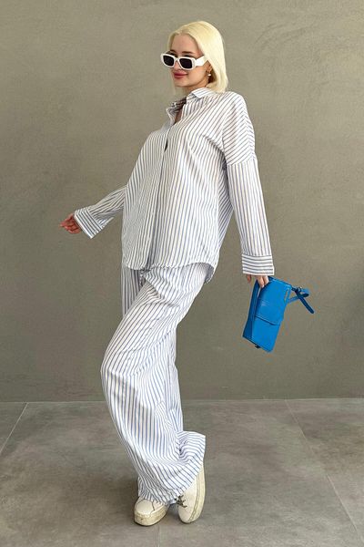 Madmext White Striped Shirt Pants Women's Suit Mg2457