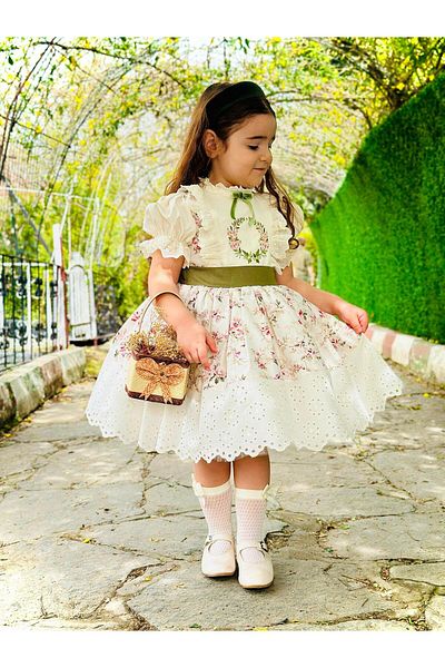 Hly Karol Tasarım Cream Spring Vintage Baby Girl Dress, Birthday Dress, Photo Shoot Dress, Suitable for Ages 0-12