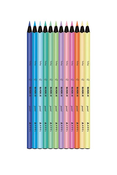 Adel Blackline 12Pcs Tube Crayons Pastel Colors, Triangular Body, Quality Enamel, Bright Colors