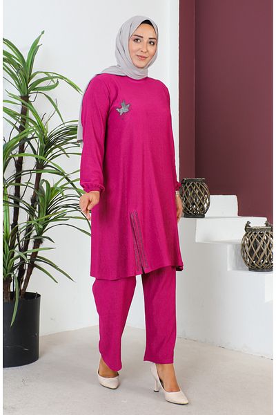 sefamerve Set de tunică și pantaloni înfășurați fucsia de mărime mare - 2608-06