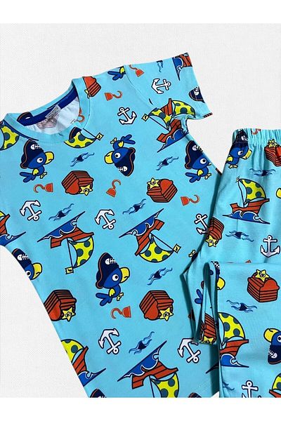 elmas kids Set de pijamale de vară pentru bărbați, 100% bumbac, cu model papagal, cu mânecă scurtă, albastru