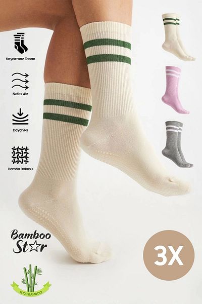bamboo star Bamboo Women's Anti-Slip Sole Silicone Print Yoga Fitness Pilates Ballet Dance Non-Slip Tennis Socks 3-Piece