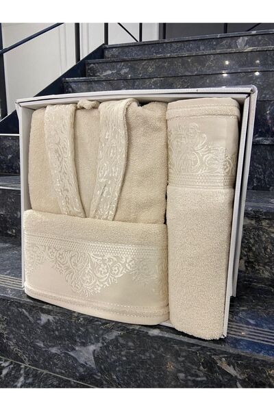 Fiesta Asorti Bukle Jacquard Single Bathrobe Set 3 Pieces Beige