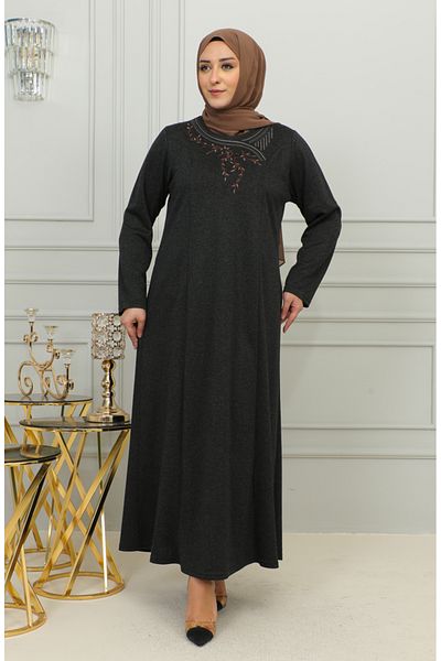sefamerve Μαύρο Κεντημένο Φόρεμα Βισκόζης Plus Size - 4879-03