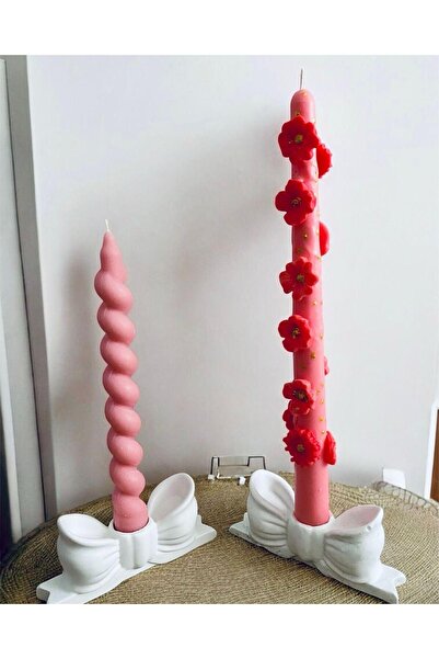 Handmade Dekoratif 2’li Beyaz Fiyonk Şamdan Seti