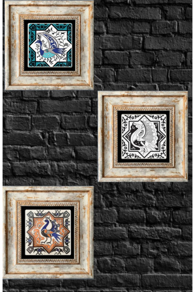 Selçuklu Kuşu Desenli 20x20cm İznik Çini Duvar Tablosu 3 Adet Doğal Taş Duvar Aksesuarı