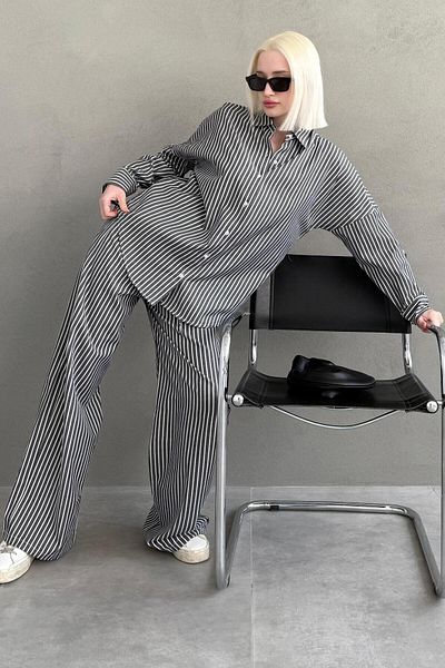 Madmext Black Striped Shirt Pants Women's Suit Mg2457