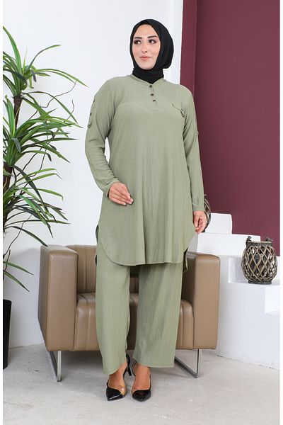 sefamerve Σετ χιτώνα και παντελόνι Khaki Plus Size - 2691-01