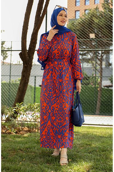 sefamerve Πορτοκαλί Navy Blue Viscose φόρεμα - με μοτίβο και φύλλο 0439-04