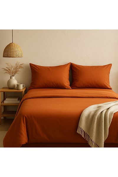 Prime Sleeks Double 100% Cotton Duvet Cover Set 200X220 Cm, Set with Elastic Sheets, Brick Color