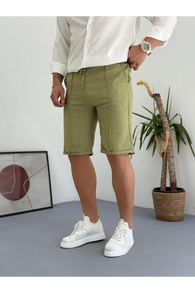 Combineman35 Χακί Ανδρικό Λινό Καλοκαιρινό Σορτς με Λεπτομέρεια από Χόρτο