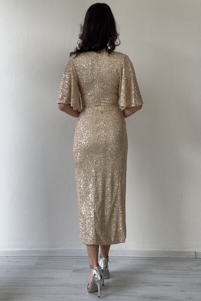 zks grup tekstil Γυναικείο βραδινό φόρεμα με χρυσό διπλό πέτο λαιμόκοψη με παγιέτες με μισό μανίκι μίντι μήκους σε μεγάλο μέγεθος