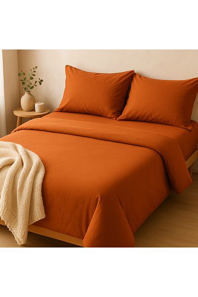 Prime Sleeks Double 100% Cotton Duvet Cover Set 200X220 Cm, Set with Elastic Sheets, Brick Color
