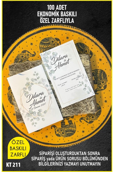 elçinbirlik Düğün Nişan Nikah özel zarflı Davetiye 100 Adet Baskılı Ekonomik ...