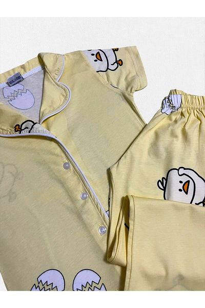Fil Kids Girl's 100% Cotton Yellow Chick Egg Pattern Shirt Collar Button Short Sleeve Seasonal Pajamas