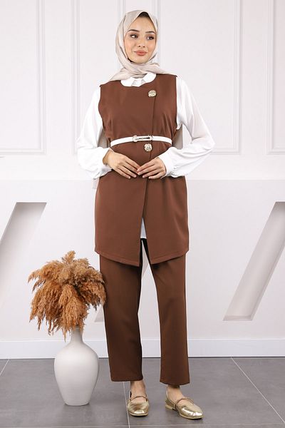 İmajButik Καφέ Πουκάμισο Γιλέκο Παντελόνι Τριπλό Σετ