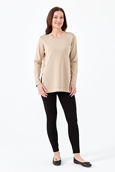 Desen Triko Γυναικεία πλεκτή μπλούζα με κουμπιά Crew λαιμόκοψη Μπεζ