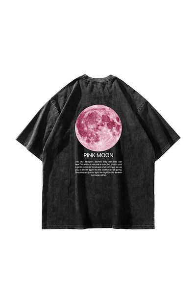 Sekizbiraltı Μαύρο μπλουζάκι με στάμπα Pink Moon Oversize Unisex Washable