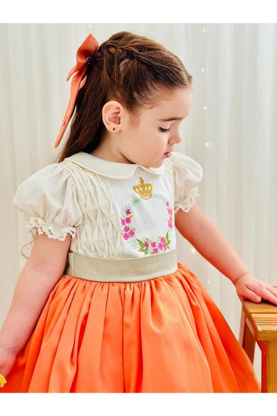 Hly Karol Tasarım Orange Embroidered Vintage Baby Girl Dress, Birthday Dress, Photo Shoot Dress, Suitable for Ages 0-12