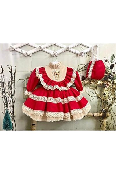 Hly Karol Tasarım Kırmızı Krem Vintage Kız Bebek Elbisesi, Özel Dikim Kız Çoc...