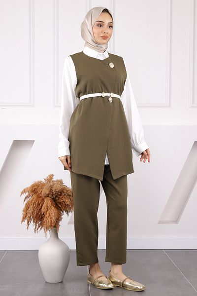 İmajButik Χακί Πουκάμισο Γιλέκο Παντελόνι Τριπλό Σετ Συνδυασμού