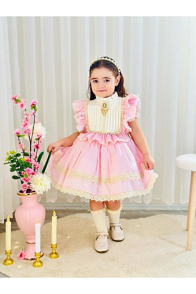 Hly Karol Tasarım Pink Cream Vintage Baby Girl Dress, Birthday, Photo Shoot Dress, Suitable for 0-12 Years Old