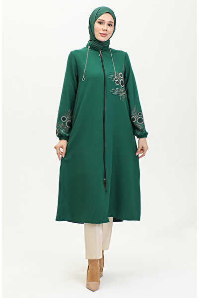 sefamerve Taş Baskılı Fermuarlı Abiye Kap 0411-01 Zümrüt Yeşili