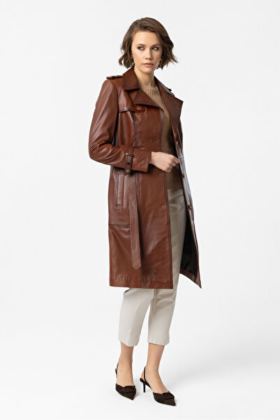 Deriderim Cognac Cassie Slit Lined Belted Trench Coat Women's Genuine Leather Coat