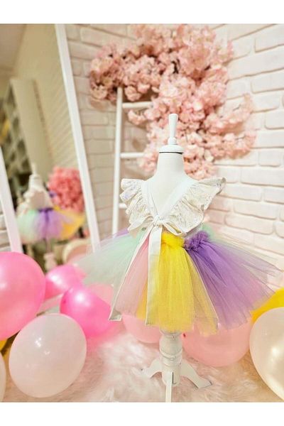 Hly Karol Tasarım Ice Cream White Romper Baby Girl Dress, Birthday Dress, Photo Shoot Dress, Suitable for 0-3 Years Old
